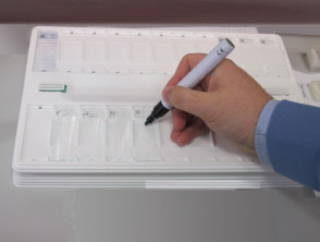 2. Se usa un bolígrafo especial para dibujar un perímetro para mantener los reactivos dentro del portaobjetos.
